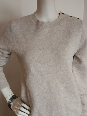 Lightly Worn Tory Burch Wool Crewneck Button-Shoulder Sweater With Leather Elbow